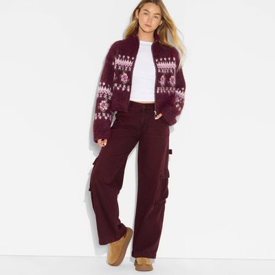 Women's Full Zip Mock Turtleneck Cardigan - Wild Fable Burgundy Floral M