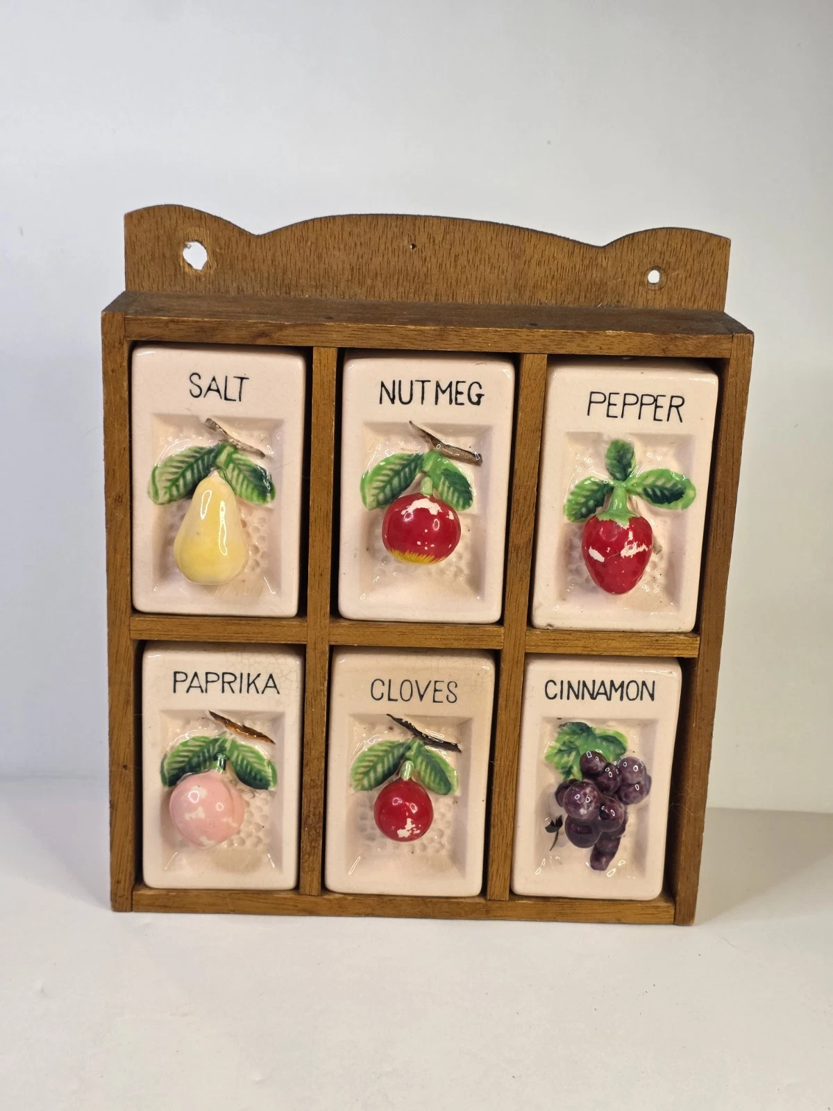 Vintage MCM Wooden Spice Rack w/6 Ceramic Shakers~3-D Fruit-Pulls-Japan