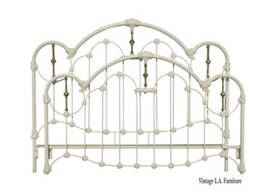 Vintage French Elliott's Designs White & Gold Iron Queen Headboard w Footboard