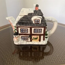 Porcelain Teapot House with Snowman and Christmas Trees Christmas Decor