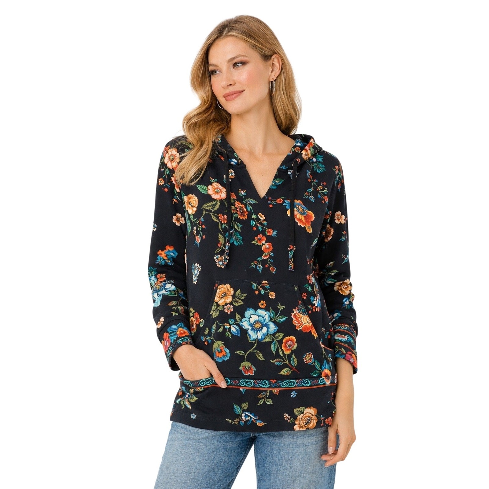 Johnny Was Womens Small Floral Hoodie Boho Sweatshirt Pullover Black