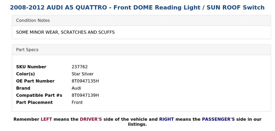 AUDI A5 QUATTRO 2008-2012 - Luz de lectura cúpula delantera / interruptor techo corredizo Foto 4 de 4