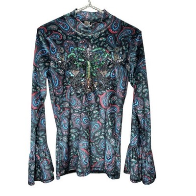 Free People L'Amour Paisley Velvet Top Small Boho Fairy Whimsigoth Bead Sequin