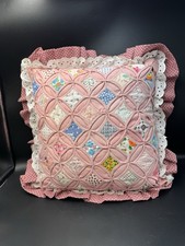 Vintage Handmade Quilted Ruffled Floral Pink Pillow 13x13