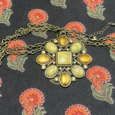 Bronze Tone Statement Pendant Necklace Amber Cream Cabochon Rhinestone Boho