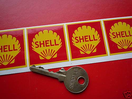 SHELL Red Square Classic Car Motrocycle STICKERS 35mm Set of 4 Autocollant Bike - Picture 1 of 1