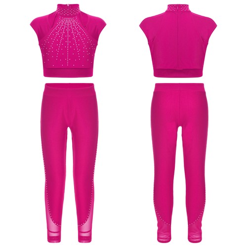Kids Girls Tracksuits Workout Crop Top And Leggings Stage Outfits Sheer Mesh - Picture 54 of 85