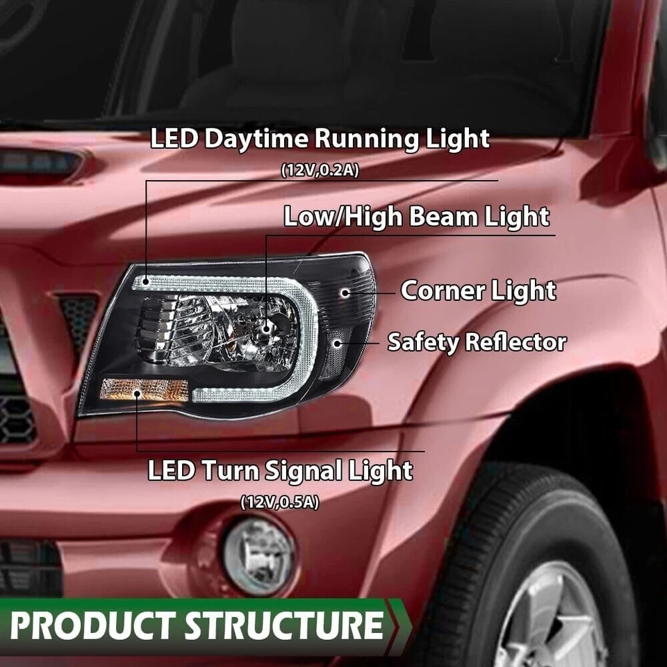 Faros proyectores tubo LED DRL para Toyota Tacoma 2005-2011 NEGRO lámparas Foto 3 de 4