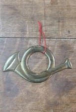 Vintage FRENCH HORN CHRISTMAS ORNAMENT Gold Brass Red String Flat 5 In