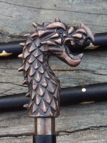 Antique Dragon head Handle Vintage Style Wooden Walking Stick Designer Cane Gift - Picture 1 of 4