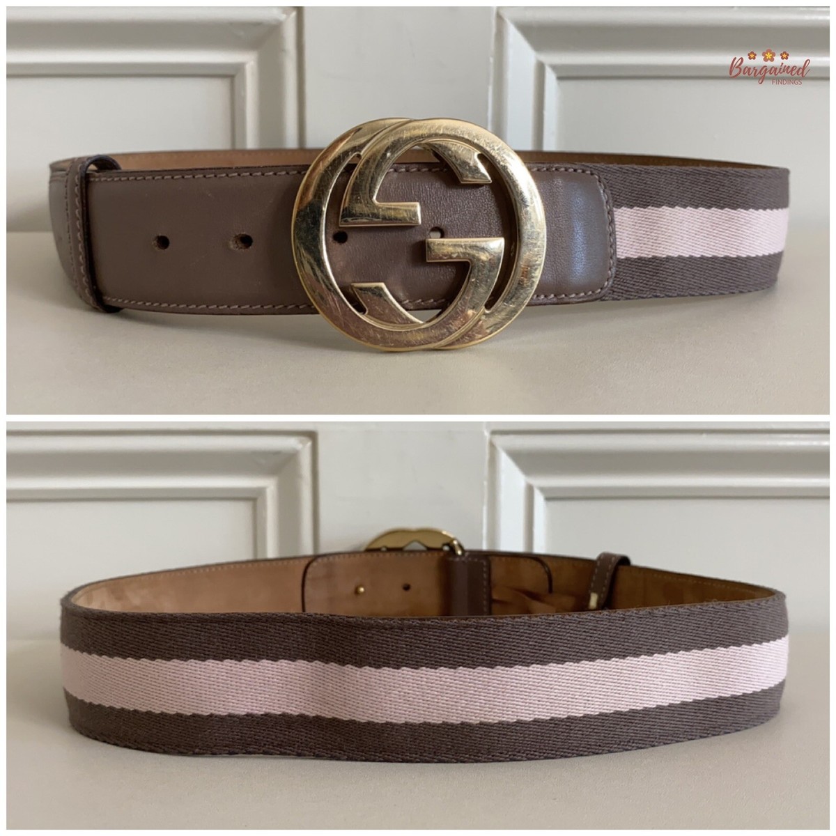 Authentic Gucci Taupe/Pink Web Leather Gold Interlocking G 