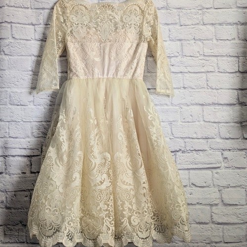 Modcloth Chi Chi London Gilded Grace Lace Dress 4 Champagne Ivory Bridal Wedding - Picture 5 of 6