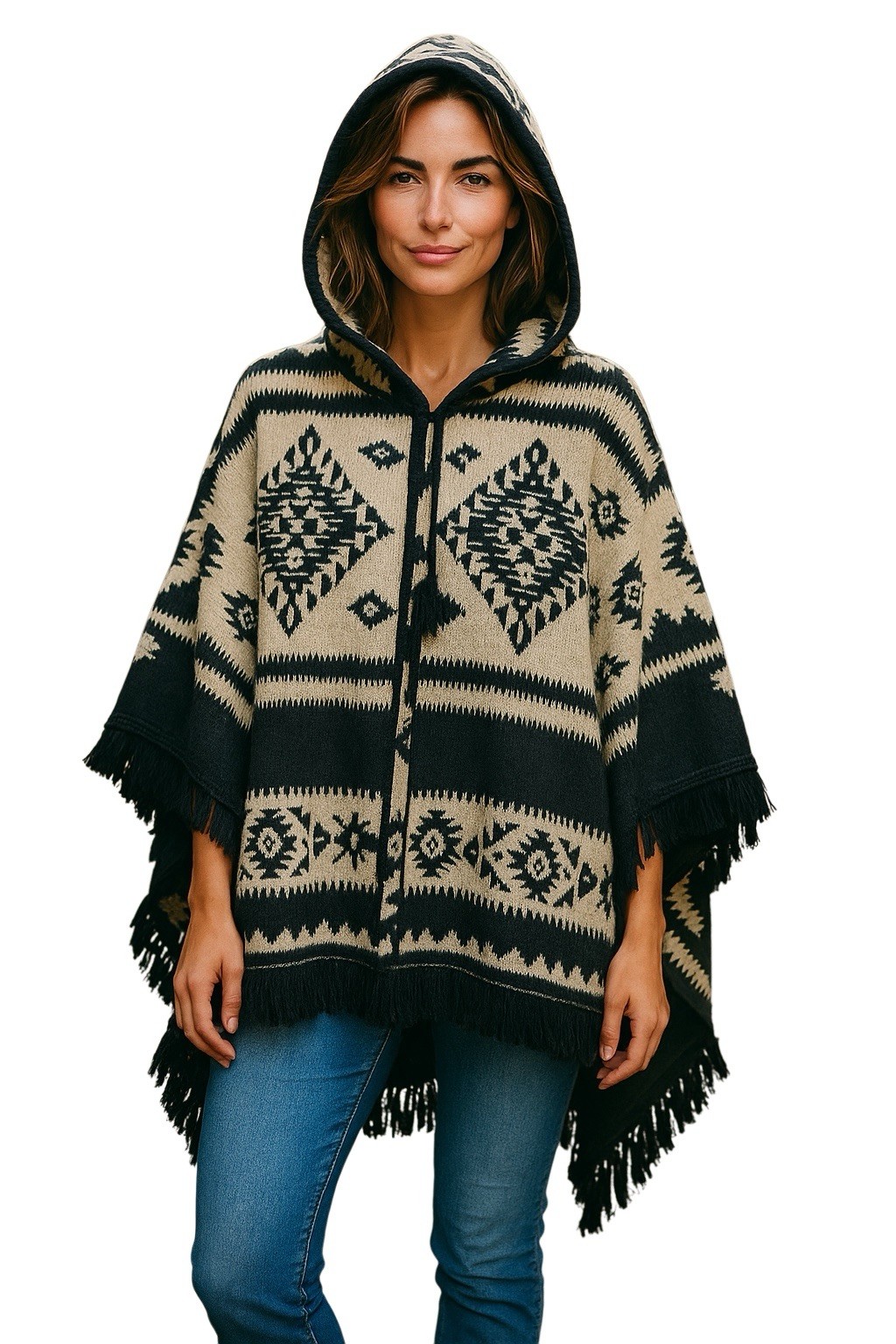 Women’s Poncho Cape Southwestern Tribal Aztec Hooded Button One Size