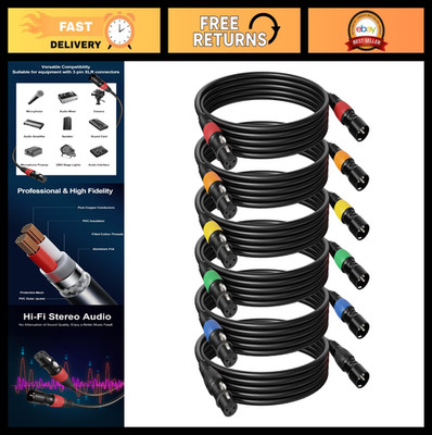 25ft XLR Cables 6 Pack - Color-Coded Male to Female Microphone Cables for Studio