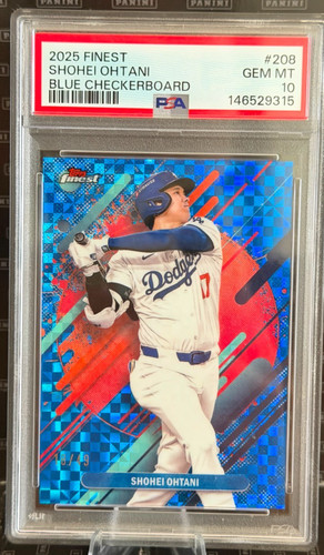 2025 Topps Finest Rare Shohei Ohtani #208 Blue Checkerboard Refractor 18/49 PSA