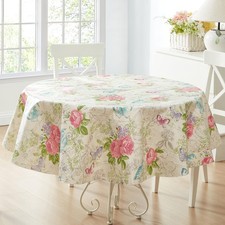 Victoria Pastel Rose Floral 70 Inch Round Vinyl Flannel Backed Tablecloth, Ro...
