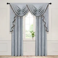 Silver Grey Chenille Waterfall Valance with Beads (59") and Curtain (52"X96", 2