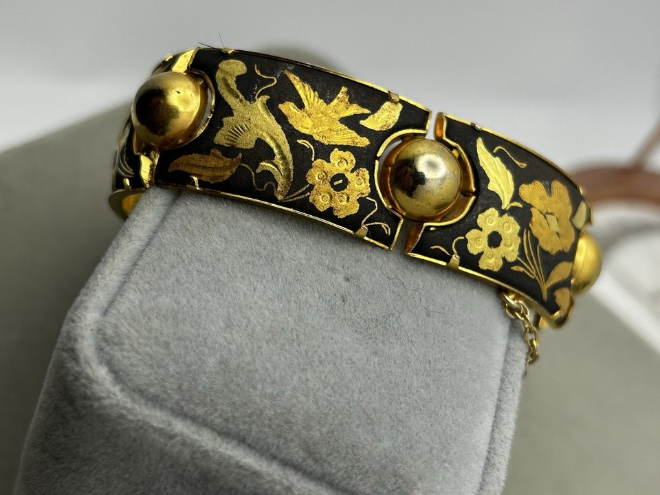 Vintage Japanese Damascene Bracelet Gold Inlay Shakudo Panel Bangle ...