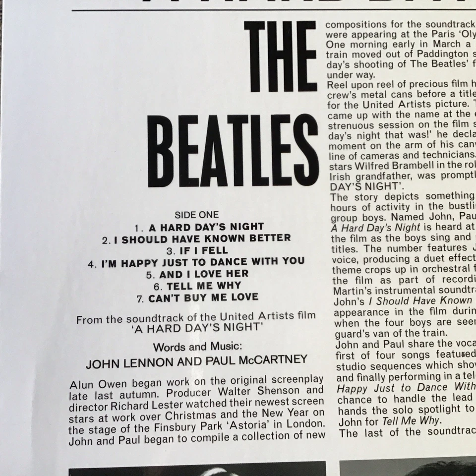 THE BEATLES A HARD DAYS NIGHT LP 2012 PARLOPHONE U.K. REISSUED PRINT 13TRX - Image 3 of 4