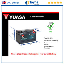 EFB Car Battery YBX7115 Yuasa 115 EFB 760A 85Ah 4Yr WTY 317x175x190 Start Stop