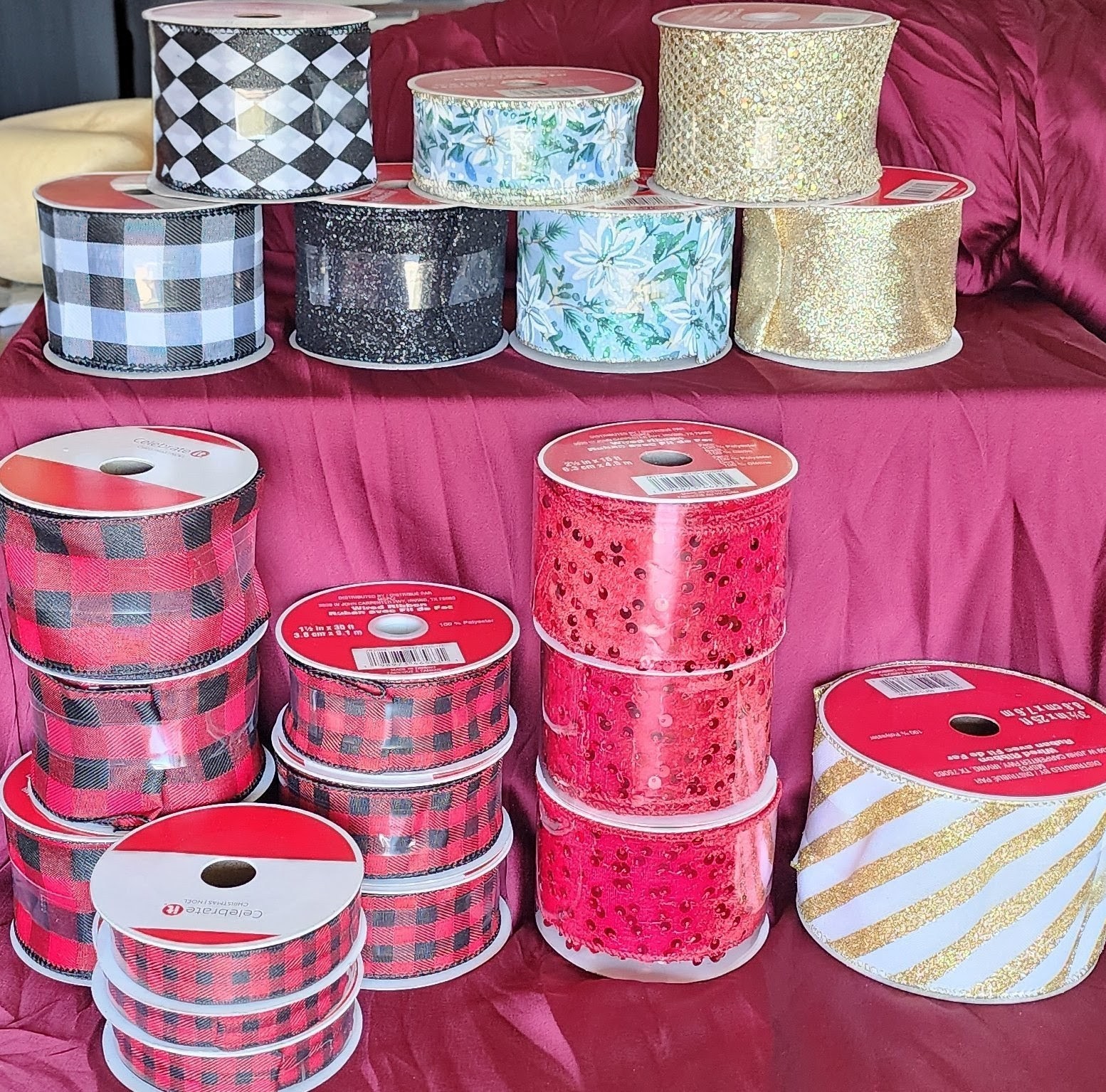 NEW! Lot of 20 Rolls Of Wire Edge Ribbon-Red, Gold, Black And Patterns - See Pic