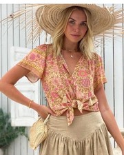 Spell & The Gypsy top Love Story Short Sleeve Boho Floral Blouse Size M