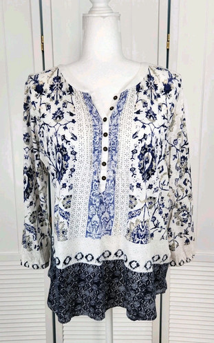 Lucky Brand Floral Print Henley Top Blue White Knit Womens Large Long Sleeve - Picture 1 of 10