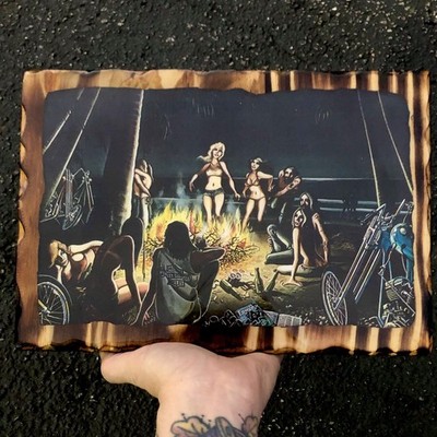 Chopper Art By David Mann Wood 70s Style Resin Plaque Biker Beach Party Panhead