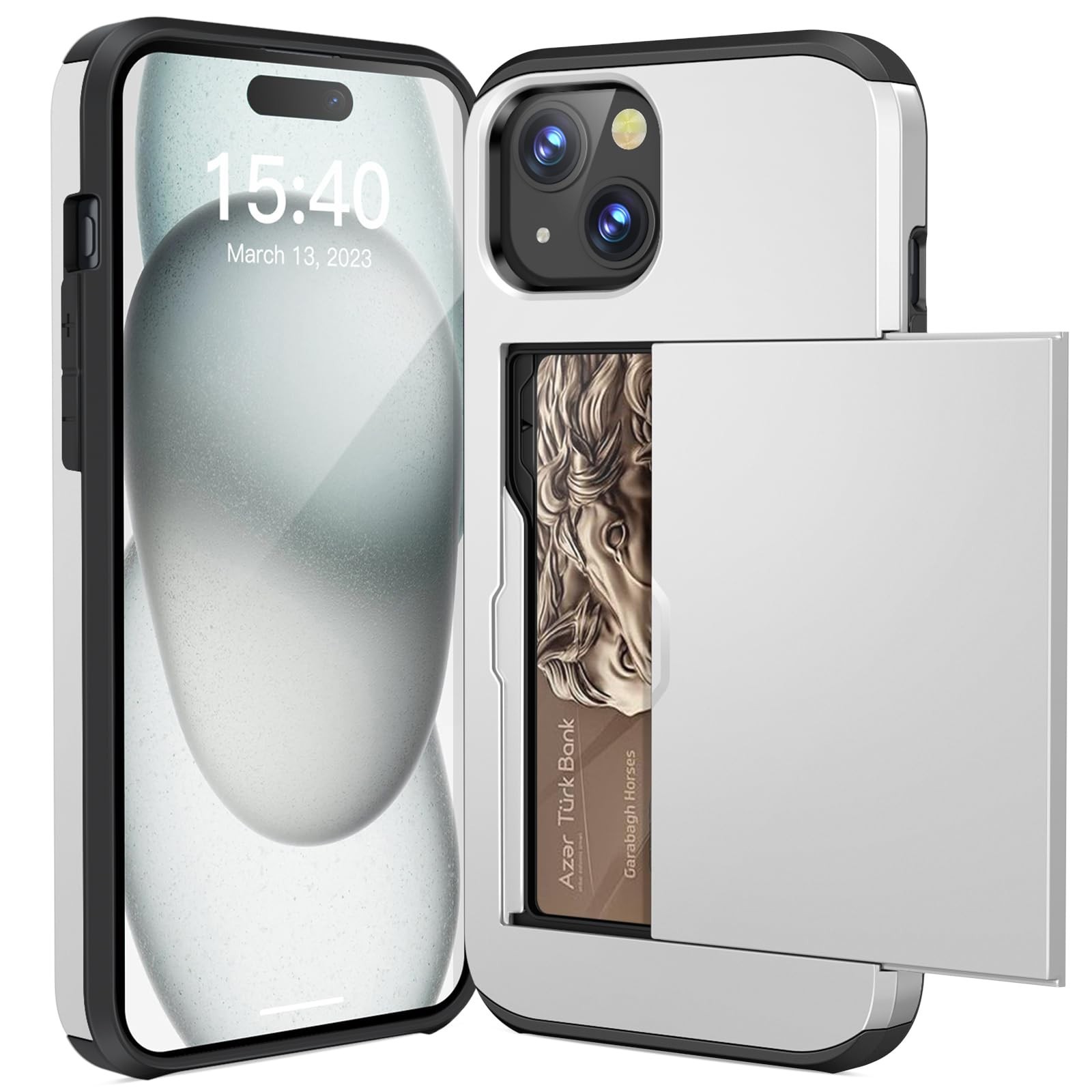 ACOCOBUY for iPhone 15 Case with Card Holder Sliding Cover Hidden Pocket Silver
