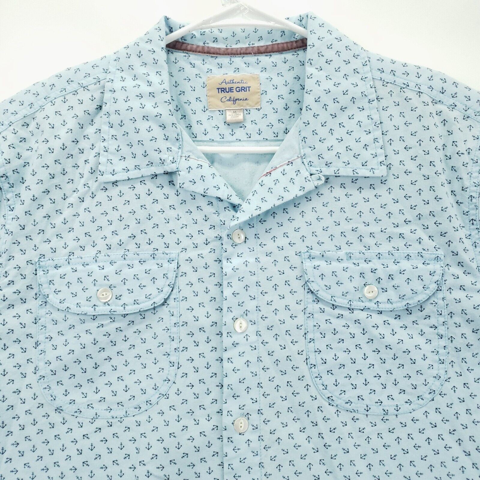 True Grit Shirt Mens Medium Aqua Blue Cotton Anchor Nautical Classic Button-Up