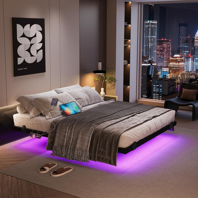 Modern King Size Floating Bed Frame with LED Lights & Charging Station