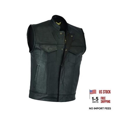 Mens Leather Motorcycle Vest | SOA Club Style X-Large Black (With Collar)