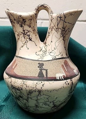 Horse Hair Wedding Vase Pottery Signed Elsie Navajo- 8.5'' H x 6.5'' W & 4.5'' Base
