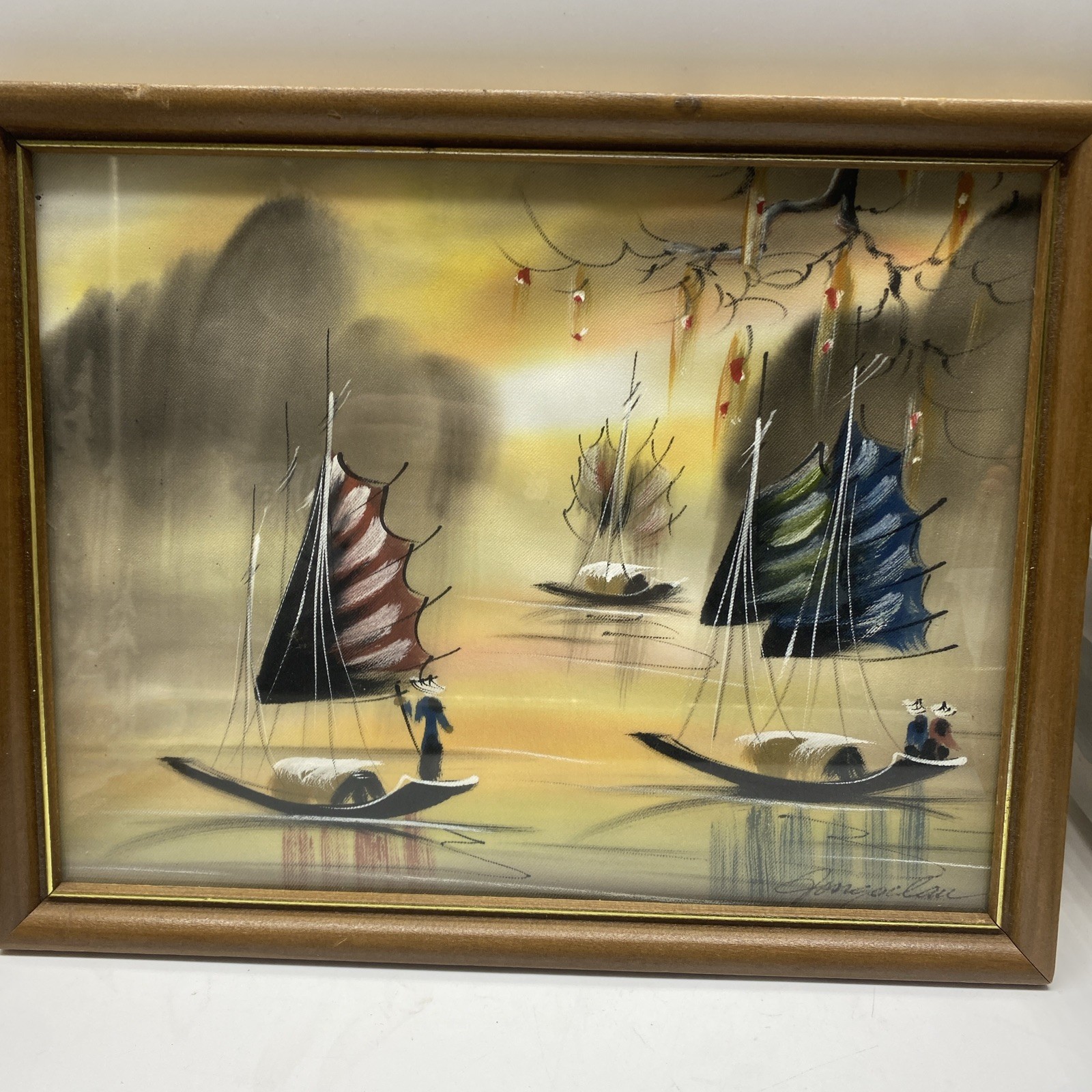 Vietnamese People Seascape Boat Village Watercolor On Silk Painting Signed