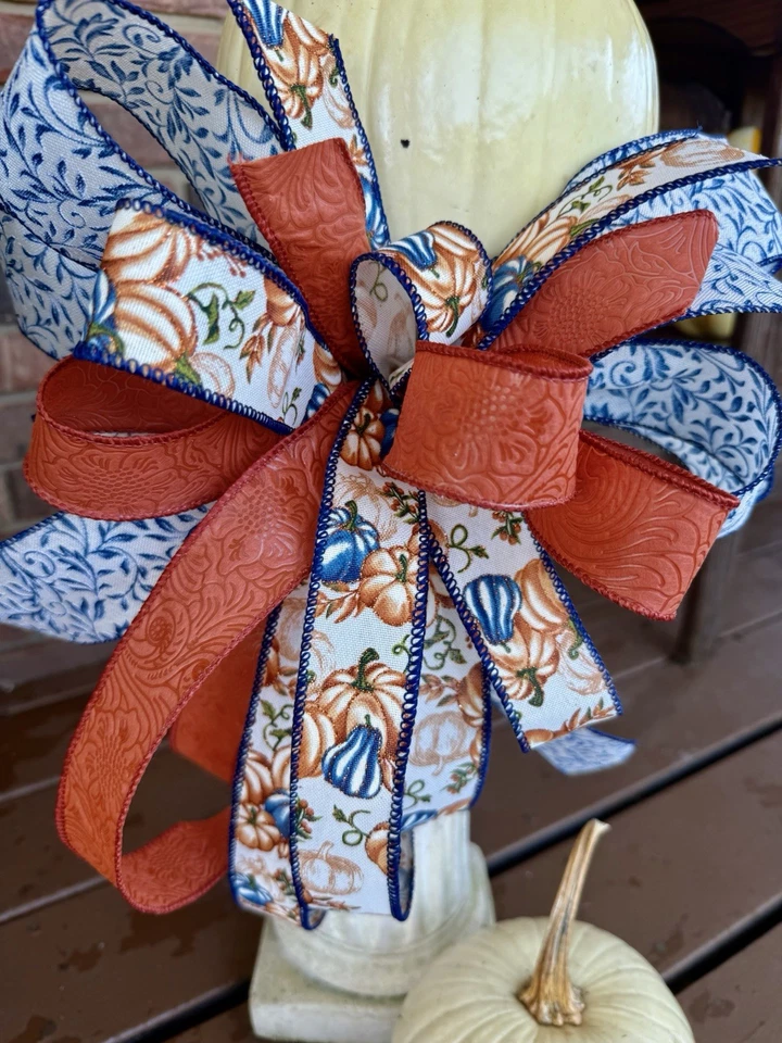 FALL PUMPKIN BOW for GRAPEVINE DOOR WREATH SWAG GARLAND MAIL FENCE - Image 2 of 4