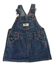 VTG Baby OshKosh Denim Overall Jumper Dress 12 Month Embroidered Pink Hearts EUC