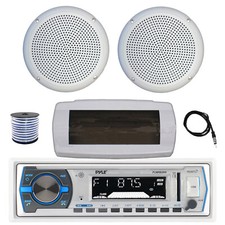 Pyle Bluetooth Marine Receiver, Cover, Antenna,Wire, 2x 5.25" 20W White Speaker