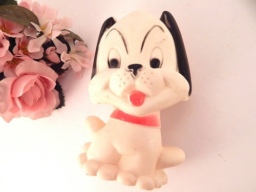 Squeak Toy Puppy White & Black Rubber Dog VTG 1965 Baby Joy Boomer Collectible - Picture 2 of 5