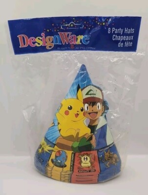 Vintage 1999 Designware Pokemon Ash & Pikachu 8ct Birthday Party Cone Hats 