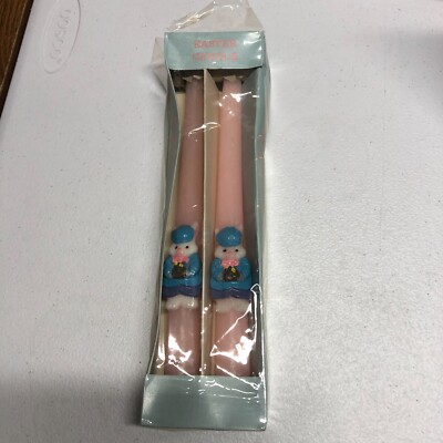 Vintage Easter 10  Pink Taper Candles Set Of 2 Candles Holder Blue Cloth Bunny