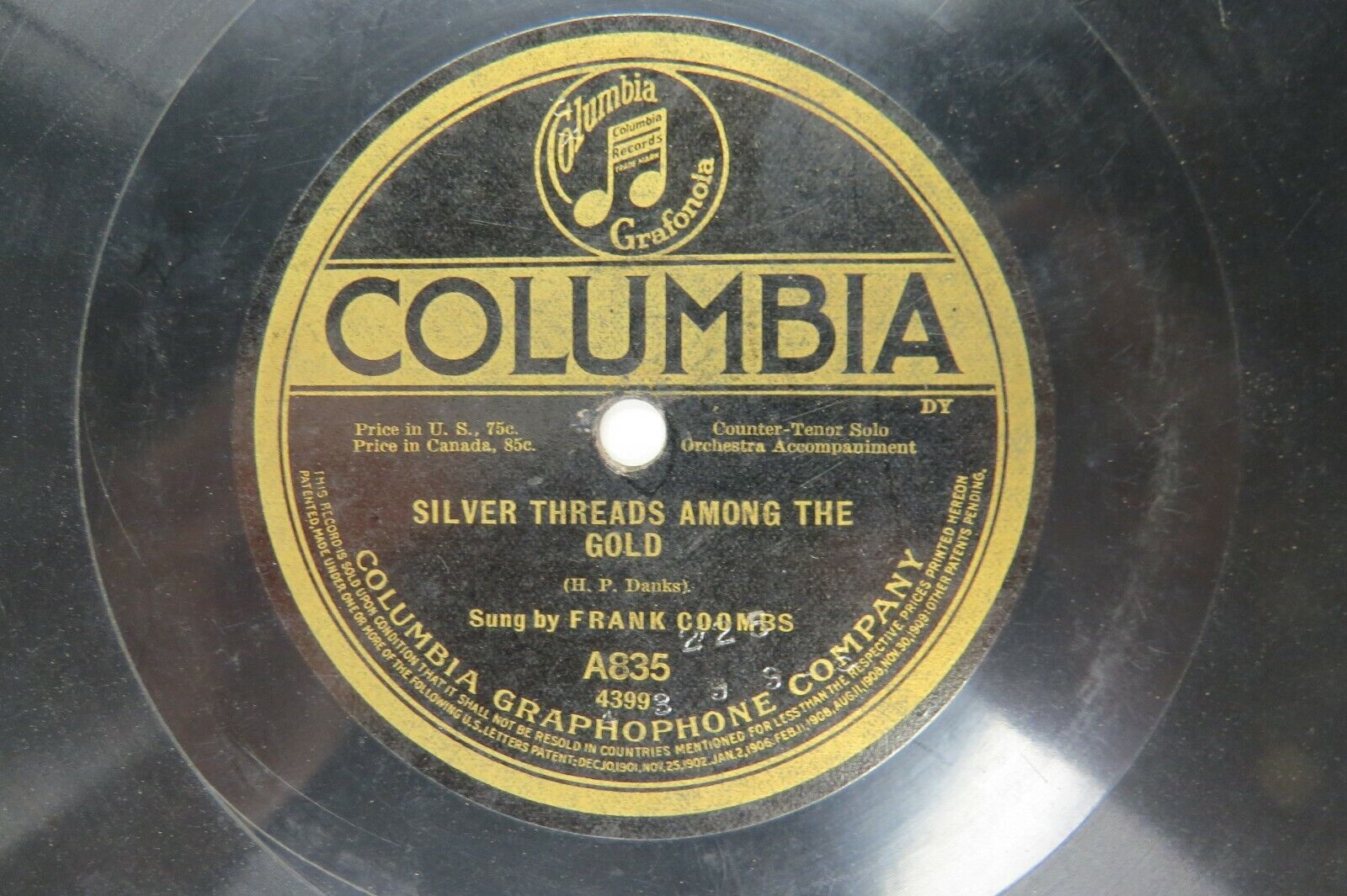 Frank Coombs - COLUMBIA A835 - Silver Threads Among the Gold & Nelly Was a Lady