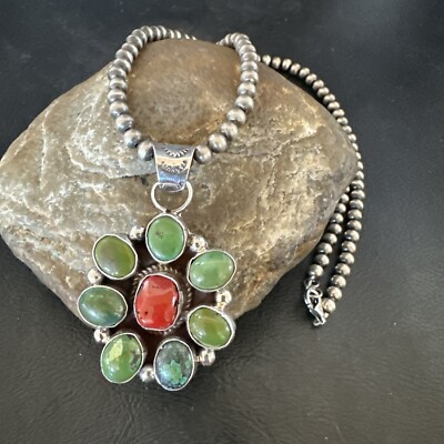 Navajo Sterling Cluster Red Turquoise Pendant Necklace 17713
