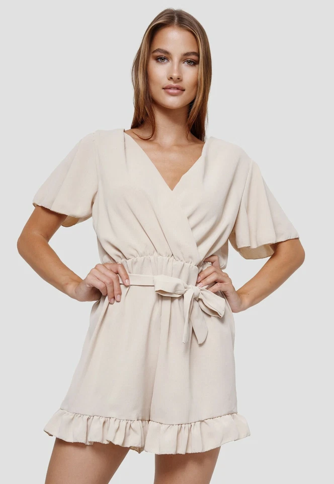Damen kurzer Overall V-Neck Playsuit Sommer Jumpsuit in Wickellook mit Gürtel  - Bild 2 von 4