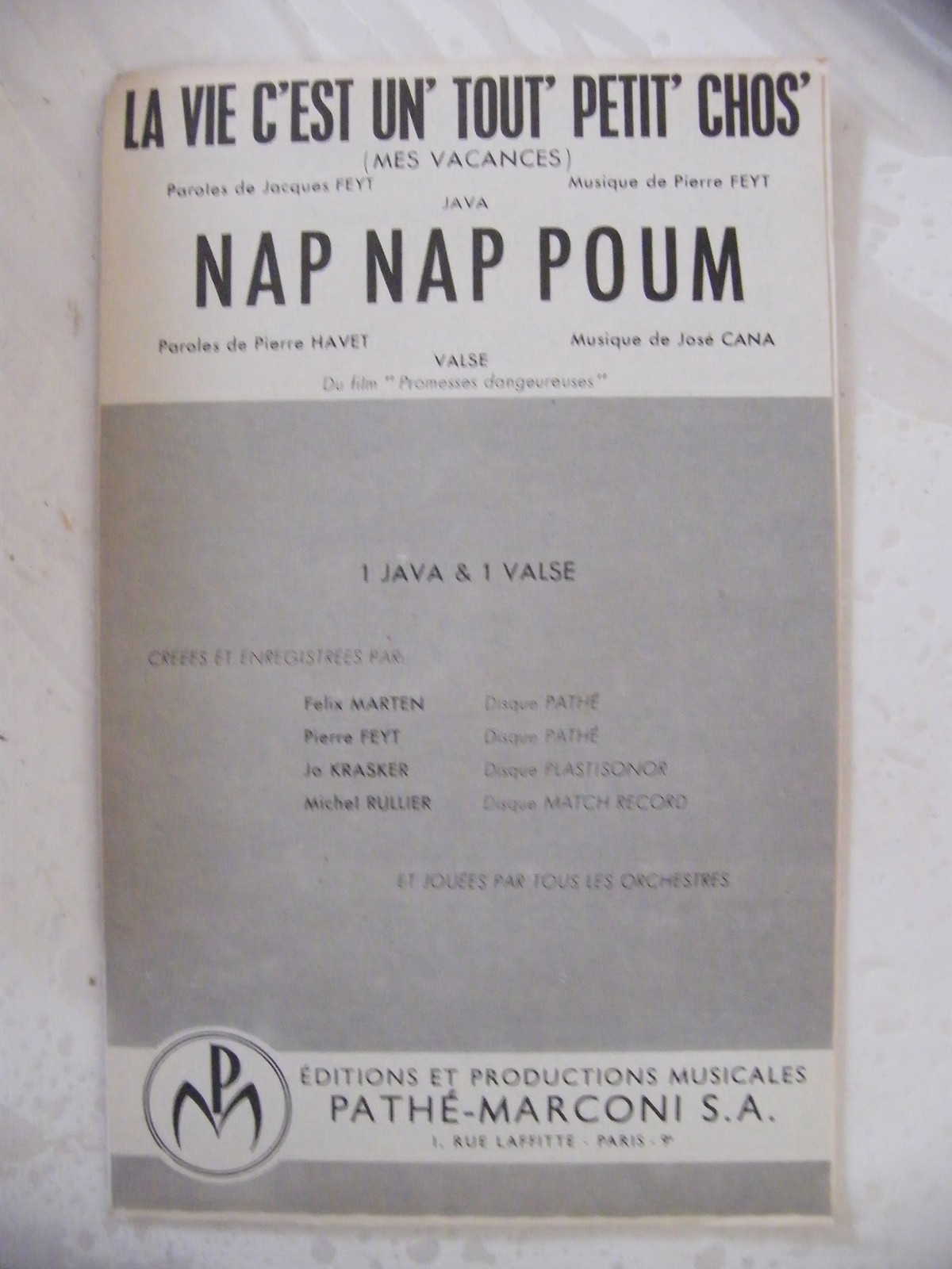 Partition La Vie C'est Un Tout Petit Chos' Feyt Nap Nap Poum Cana Valse