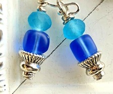Beachy Silver and Blue Tone Sea Glass Bead Dangle Earrings for Beach Lovers.