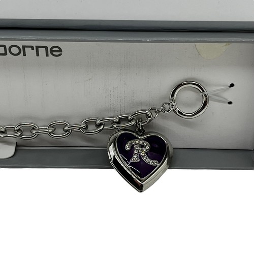 Liz Claiborne Heart Locket Bracelet y2k Initial R Silver Tone Purple Gift in Box - Picture 3 of 8