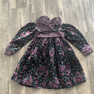 Vintage Little Girls Simi Velvet Dress Size 2t Black Purple Floral Big Collar