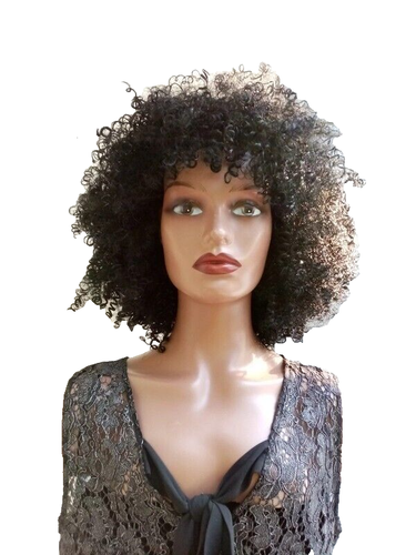 Perruque Bouclée Noire Avec Frange - Cheveux Naturels Remy - Longueur 14 Pouces - Bonnet Moyen