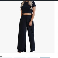 Black Crop Top Wide Leg Lounge Set Women M 2 Piece Matching Outfit NWT