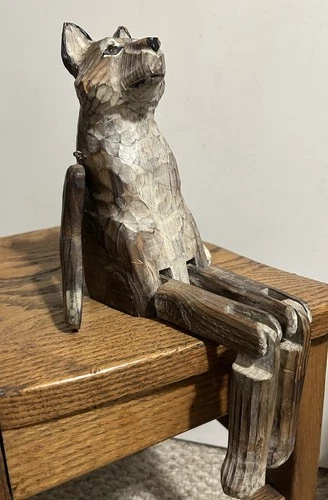 VTG FOLK ART HAND CARVED WOODEN FOX SHELF SITTER WILDLIFE